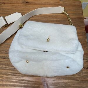 Isaac Mizrahi White Faux Fur Shoulder Bag with Gold Details